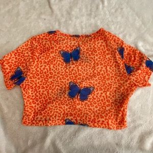 Flirty Orange Butterfly Mesh Crop Top